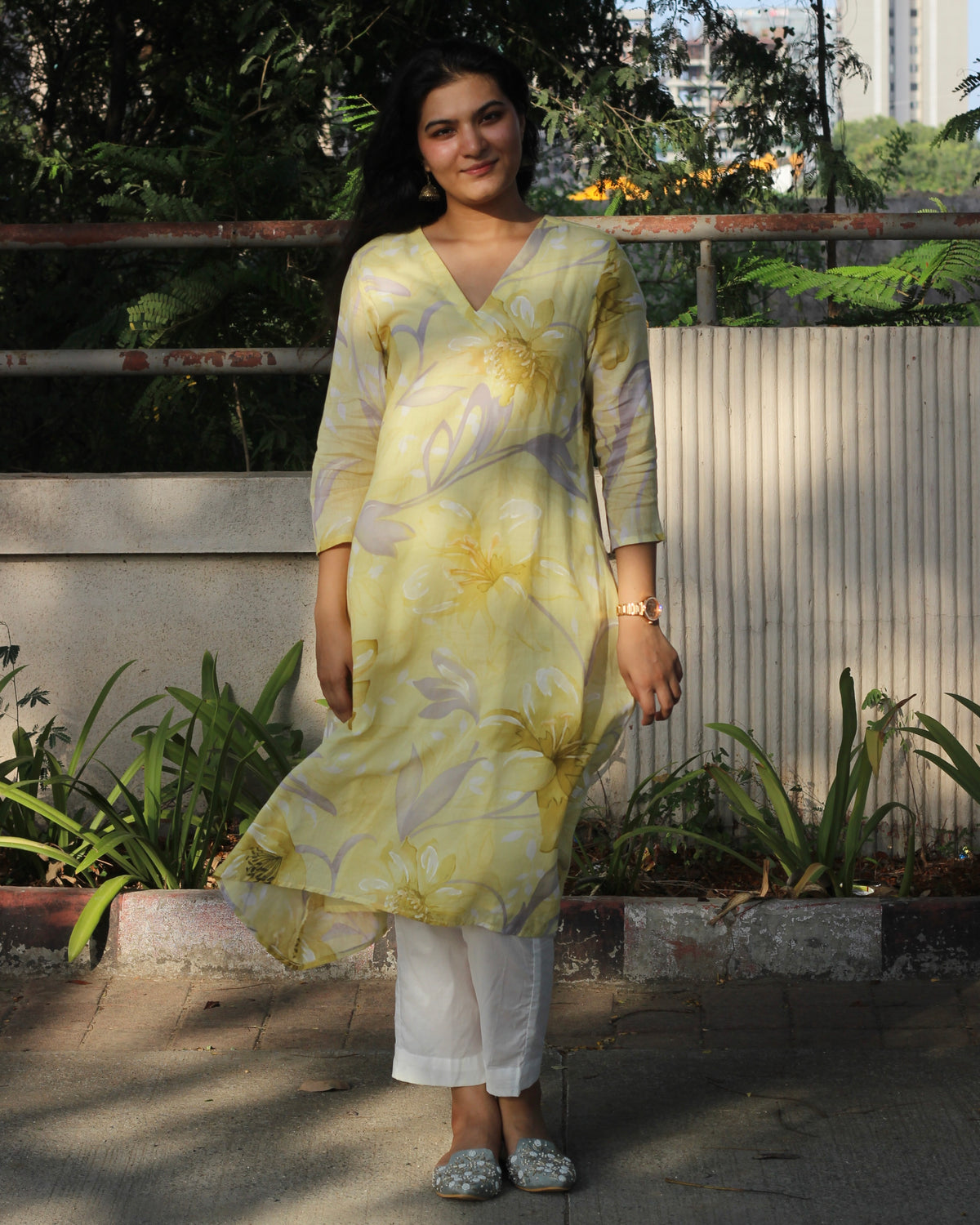 Pastel Yellow Mul Cotton Long Kurta with Mul lining