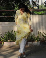 Pastel Yellow Mul Cotton Long Kurta with Mul lining