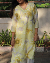 Pastel Yellow Mul Cotton Long Kurta with Mul lining