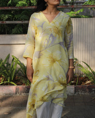 Pastel Yellow Mul Cotton Long Kurta with Mul lining