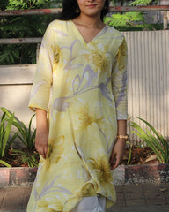 Pastel Yellow Mul Cotton Long Kurta with Mul lining