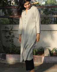 Grey Linen Kurta with Black Handwork Neck Detail, Brown Buttons, A-Line Design, and Side Pockets