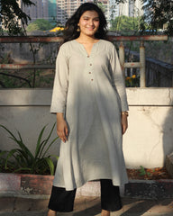 Grey Linen Kurta with Black Handwork Neck Detail, Brown Buttons, A-Line Design, and Side Pockets