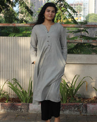 Grey Linen Kurta with Black Handwork Neck Detail, Brown Buttons, A-Line Design, and Side Pockets