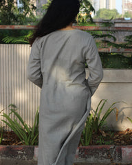 Grey Linen Kurta with Black Handwork Neck Detail, Brown Buttons, A-Line Design, and Side Pockets