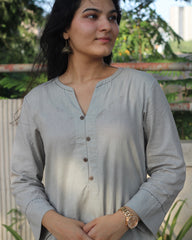 Grey Linen Kurta with Black Handwork Neck Detail, Brown Buttons, A-Line Design, and Side Pockets