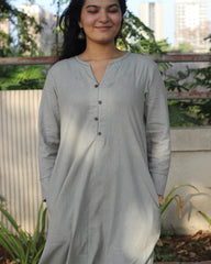 Grey Linen Kurta with Black Handwork Neck Detail, Brown Buttons, A-Line Design, and Side Pockets