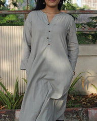 Grey Linen Kurta with Black Handwork Neck Detail, Brown Buttons, A-Line Design, and Side Pockets