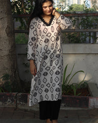 White Ajrakh Printed Muslin Long Kurta with Lace Detail on Neck and Sleeves, and Pocket