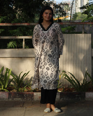 White Ajrakh Printed Muslin Long Kurta with Lace Detail on Neck and Sleeves, and Pocket