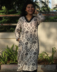 White Ajrakh Printed Muslin Long Kurta with Lace Detail on Neck and Sleeves, and Pocket