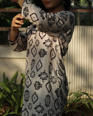 White Ajrakh Printed Muslin Long Kurta with Lace Detail on Neck and Sleeves, and Pocket