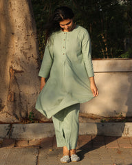 Light Pista Green Linen Co-ord Set - Round Neck Kurta with Brown Buttons, Side Cut, Box Style Back, and Comfortable Pants