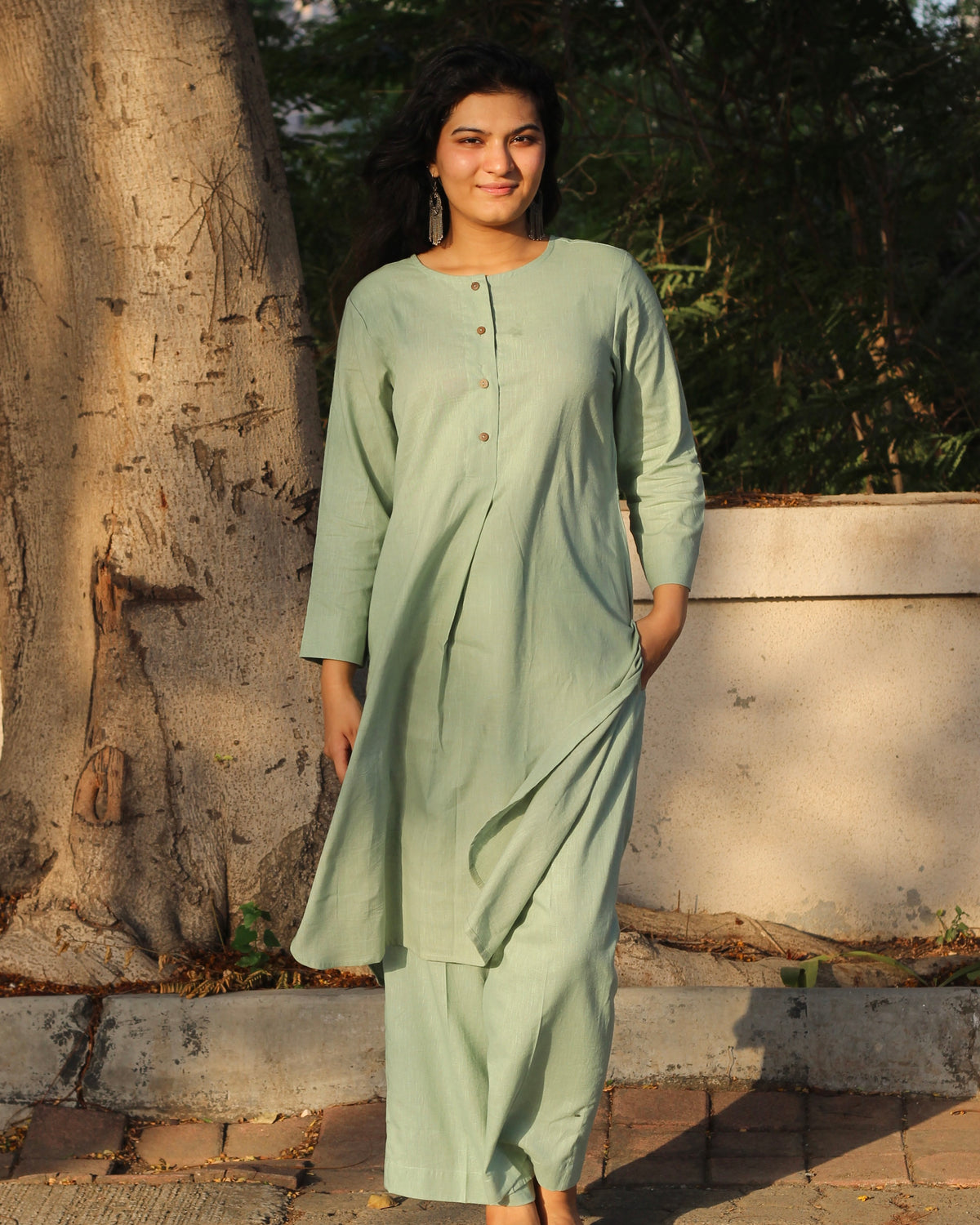 Light Pista Green Linen Co-ord Set - Round Neck Kurta with Brown Buttons, Side Cut, Box Style Back, and Comfortable Pants