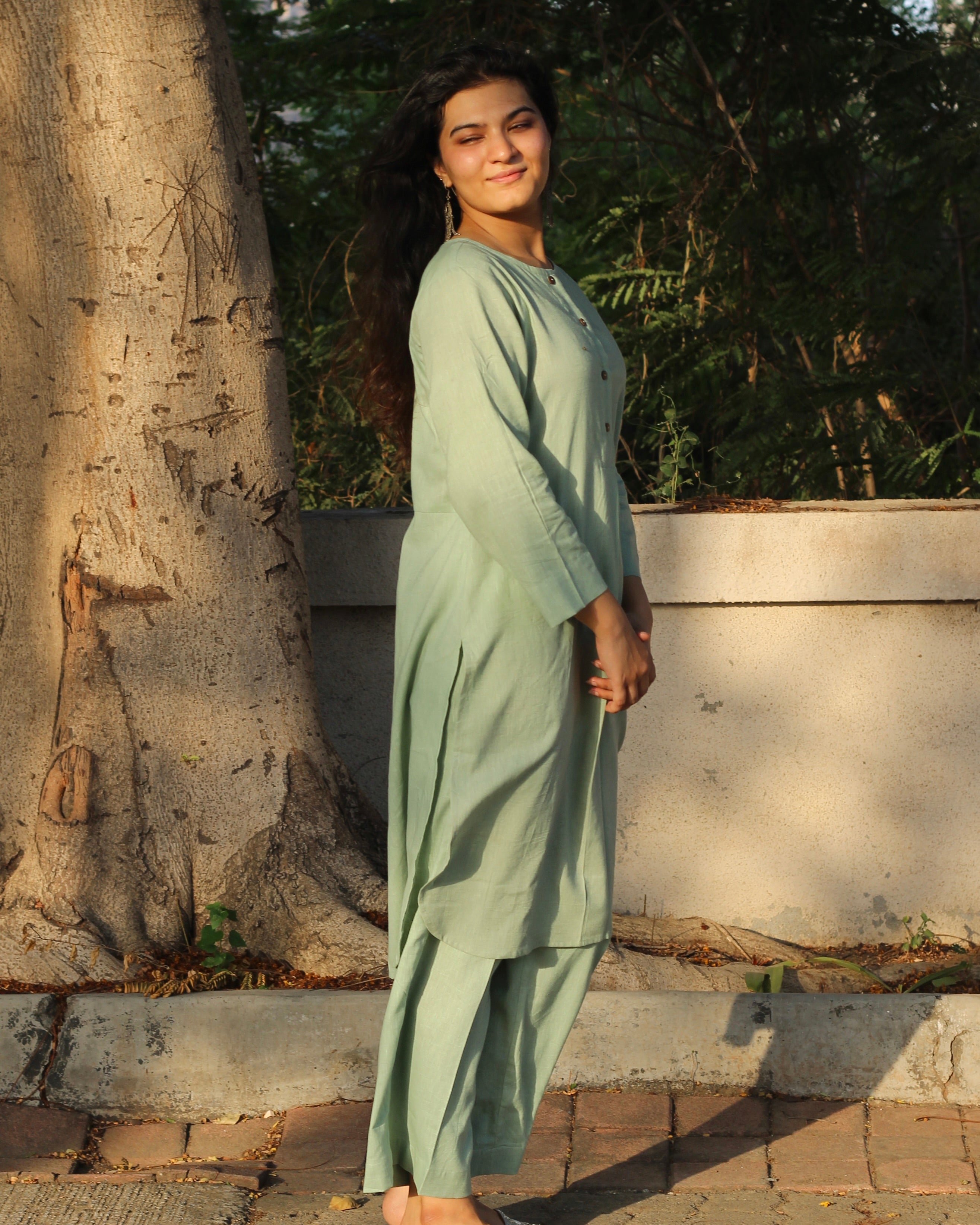 Light Pista Green Linen Co-ord Set - Round Neck Kurta with Brown Buttons, Side Cut, Box Style Back, and Comfortable Pants