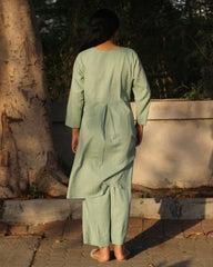 Light Pista Green Linen Co-ord Set - Round Neck Kurta with Brown Buttons, Side Cut, Box Style Back, and Comfortable Pants