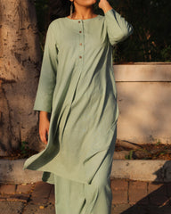 Light Pista Green Linen Co-ord Set - Round Neck Kurta with Brown Buttons, Side Cut, Box Style Back, and Comfortable Pants