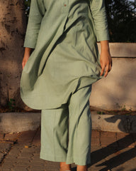 Light Pista Green Linen Co-ord Set - Round Neck Kurta with Brown Buttons, Side Cut, Box Style Back, and Comfortable Pants