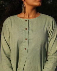 Light Pista Green Linen Co-ord Set - Round Neck Kurta with Brown Buttons, Side Cut, Box Style Back, and Comfortable Pants