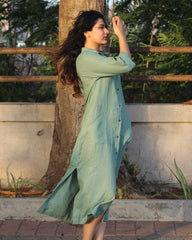 Sea Green Premium Linen Long Shirt Dress with Shirt Collar, 3/4 Sleeves, Unique Front Pockets, and Side Cut