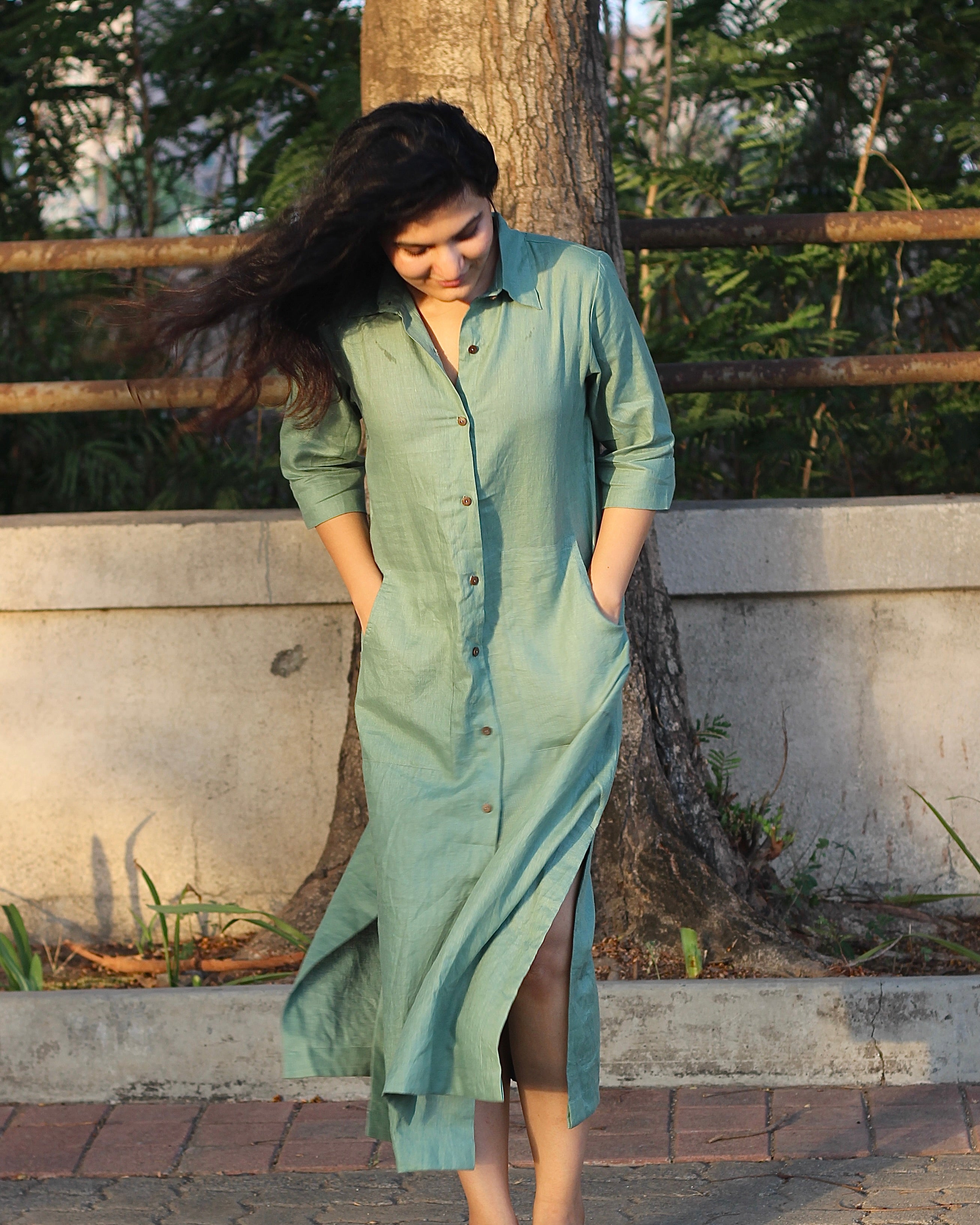 Sea Green Premium Linen Long Shirt Dress with Shirt Collar, 3/4 Sleeves, Unique Front Pockets, and Side Cut