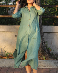 Sea Green Premium Linen Long Shirt Dress with Shirt Collar, 3/4 Sleeves, Unique Front Pockets, and Side Cut