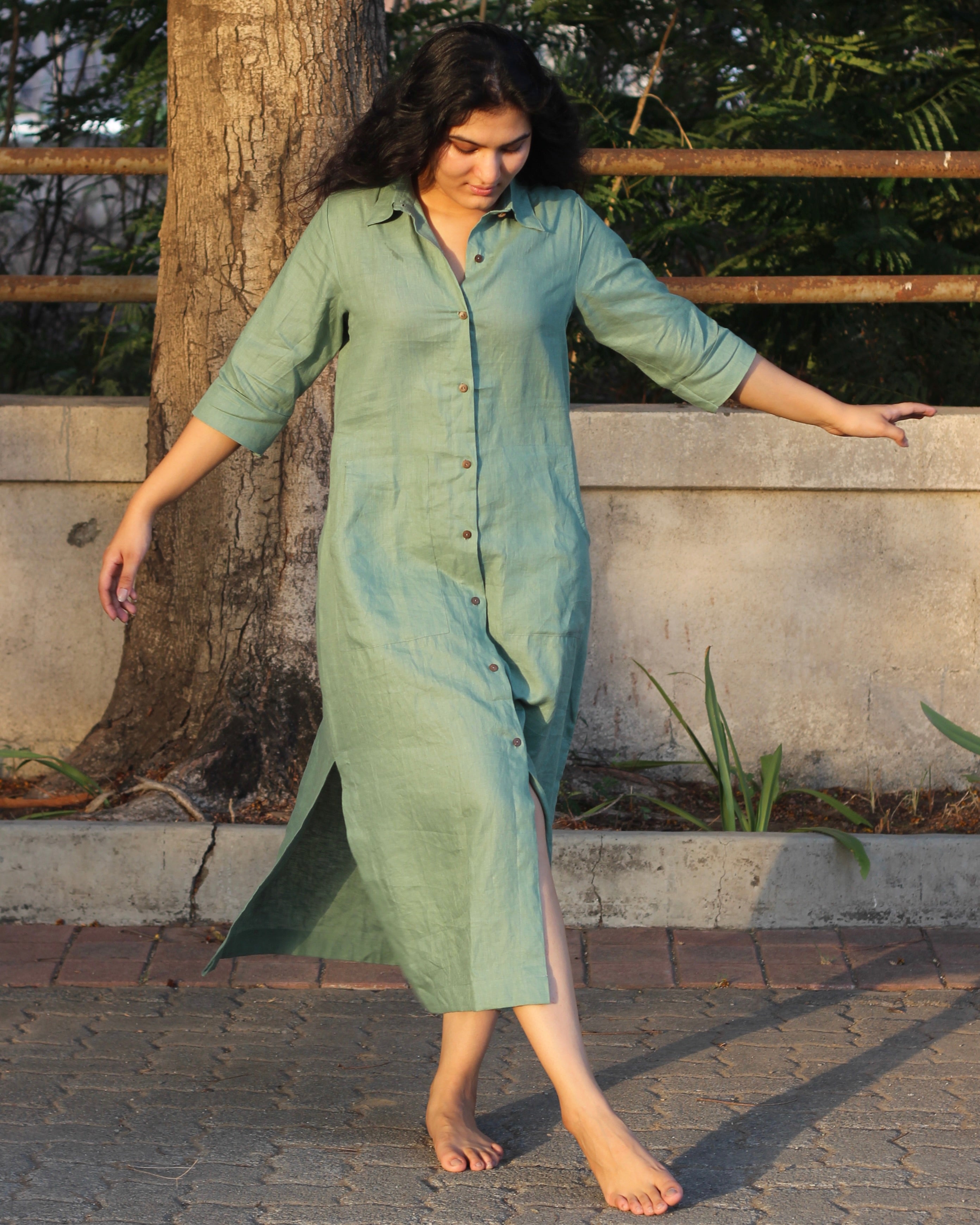 Sea Green Premium Linen Long Shirt Dress with Shirt Collar, 3/4 Sleeves, Unique Front Pockets, and Side Cut