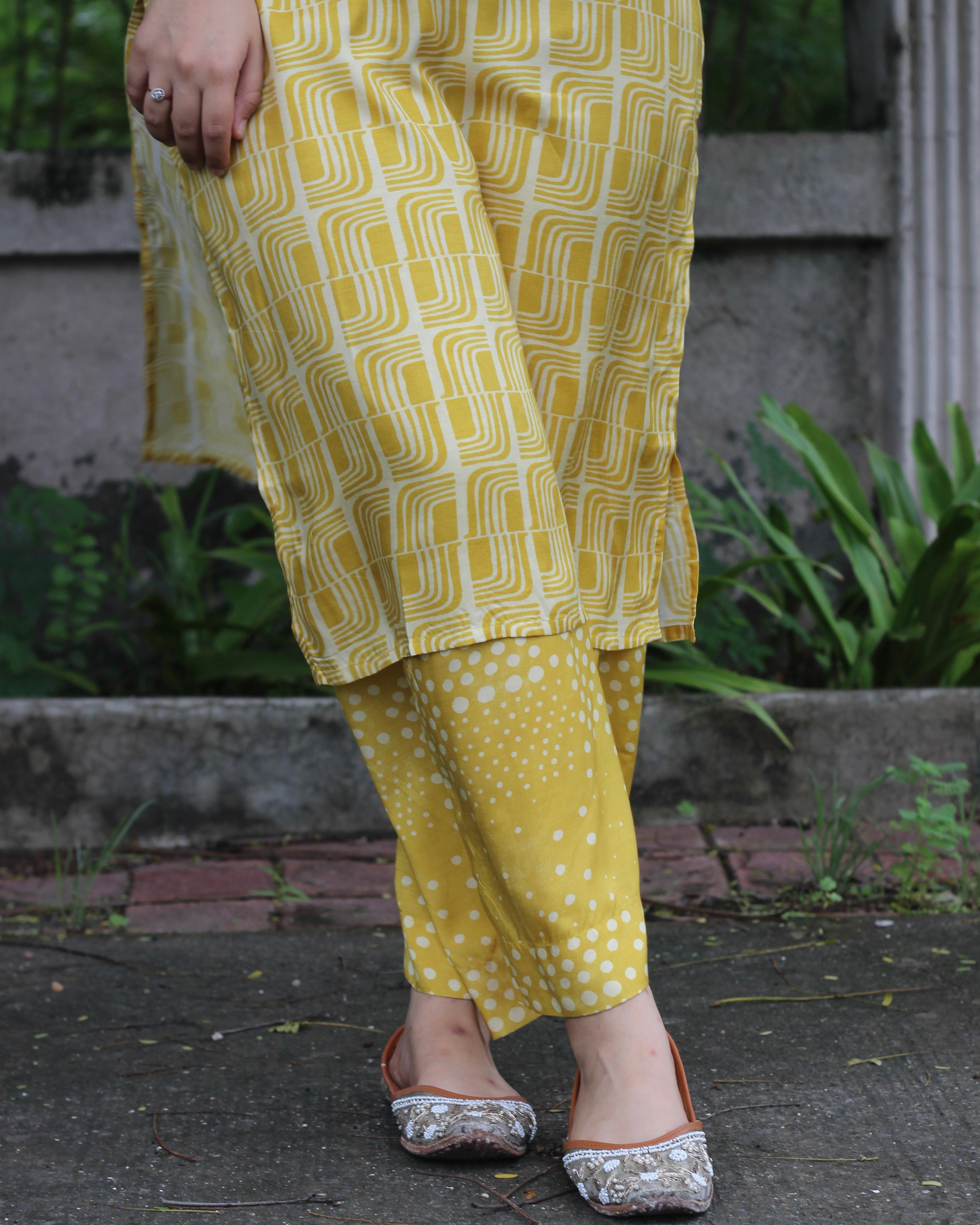 Yellow Printed Pure Muslin Kurta Pant Set - Light and Breezy Ethnic Wear with Unique abstract print