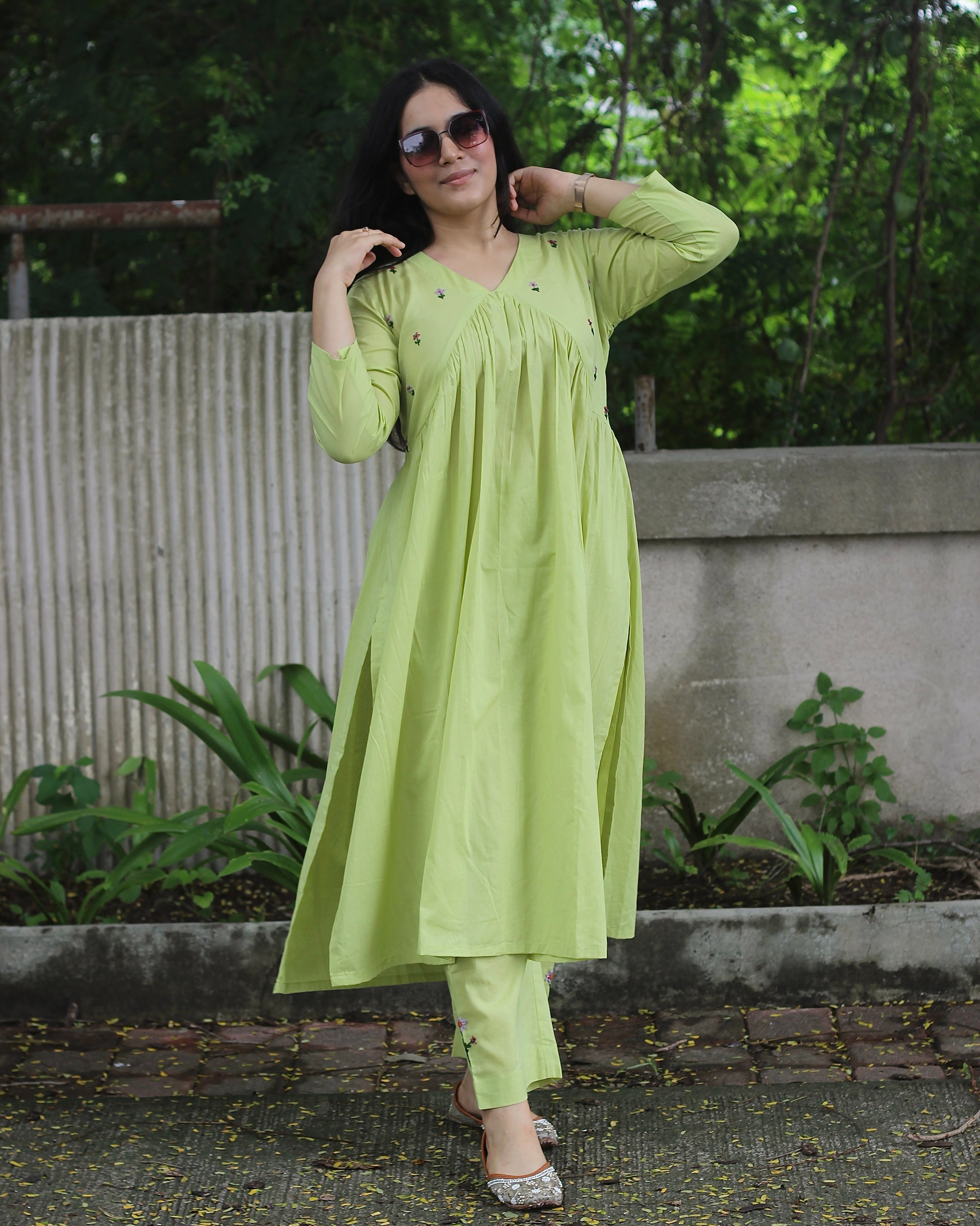 Exclusive Handworked Alia Cut Kurta Pant Set - Hot Pink and Lime Green, Pure Cambric Cotton, V-Neck Kurta with 3/4 Sleeves, Handwork Details, and Comfortable Pants with Pockets