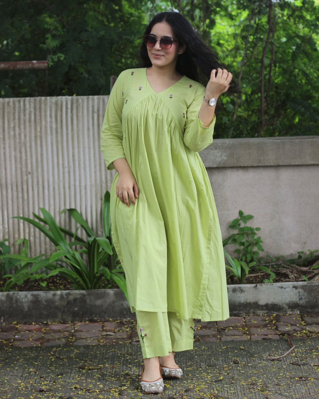 Exclusive Handworked Alia Cut Kurta Pant Set - Hot Pink and Lime Green, Pure Cambric Cotton, V-Neck Kurta with 3/4 Sleeves, Handwork Details, and Comfortable Pants with Pockets