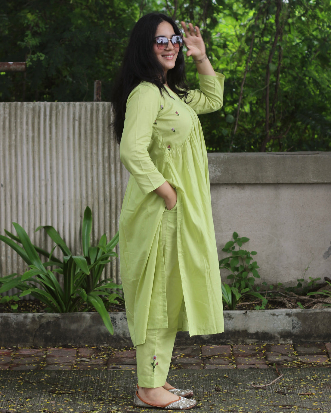 Exclusive Handworked Alia Cut Kurta Pant Set - Hot Pink and Lime Green, Pure Cambric Cotton, V-Neck Kurta with 3/4 Sleeves, Handwork Details, and Comfortable Pants with Pockets