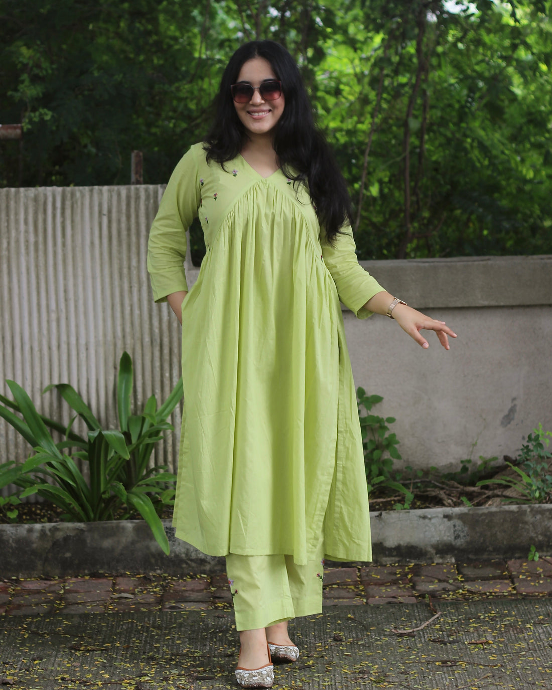 Exclusive Handworked Alia Cut Kurta Pant Set - Hot Pink and Lime Green, Pure Cambric Cotton, V-Neck Kurta with 3/4 Sleeves, Handwork Details, and Comfortable Pants with Pockets