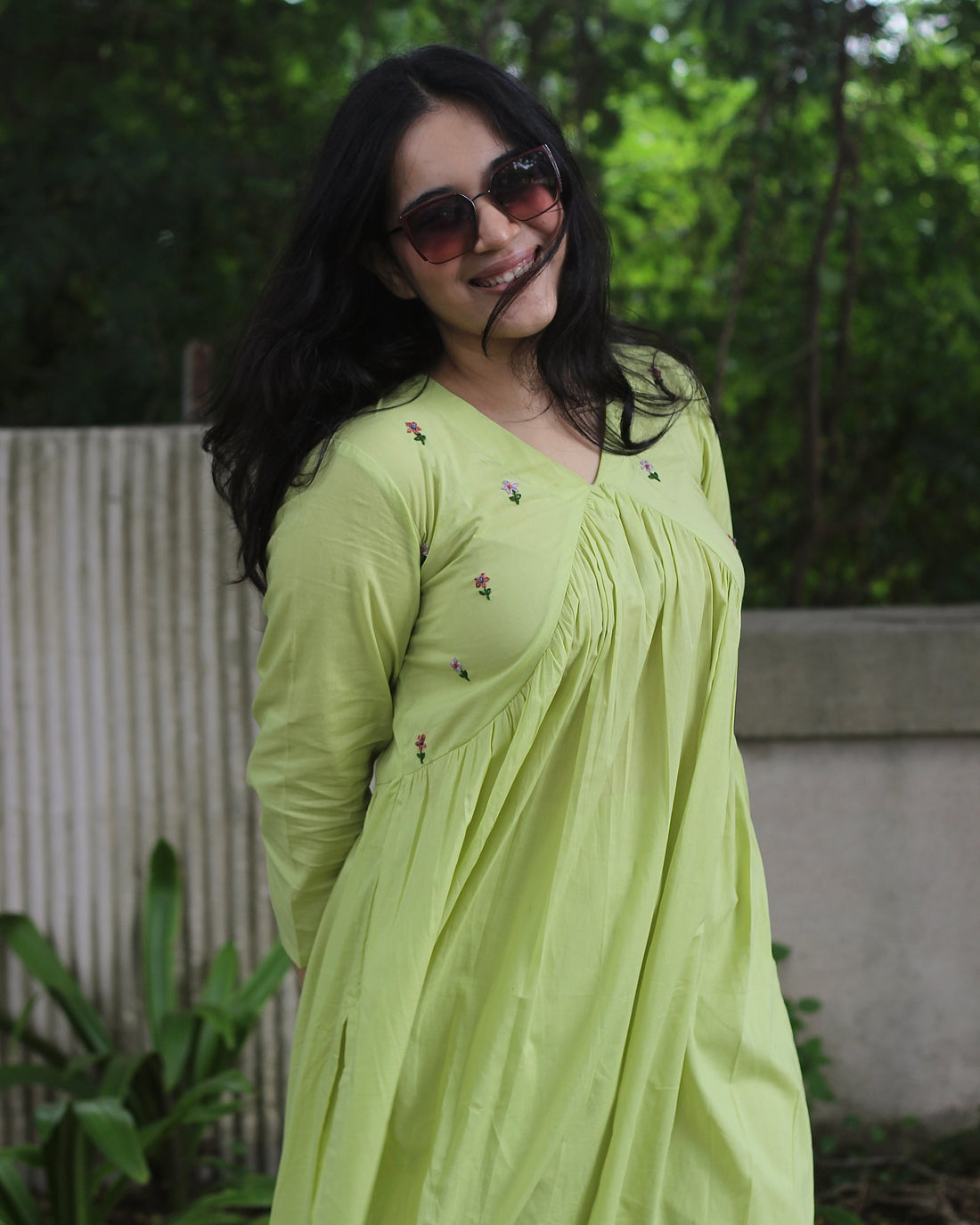 Exclusive Handworked Alia Cut Kurta Pant Set - Hot Pink and Lime Green, Pure Cambric Cotton, V-Neck Kurta with 3/4 Sleeves, Handwork Details, and Comfortable Pants with Pockets