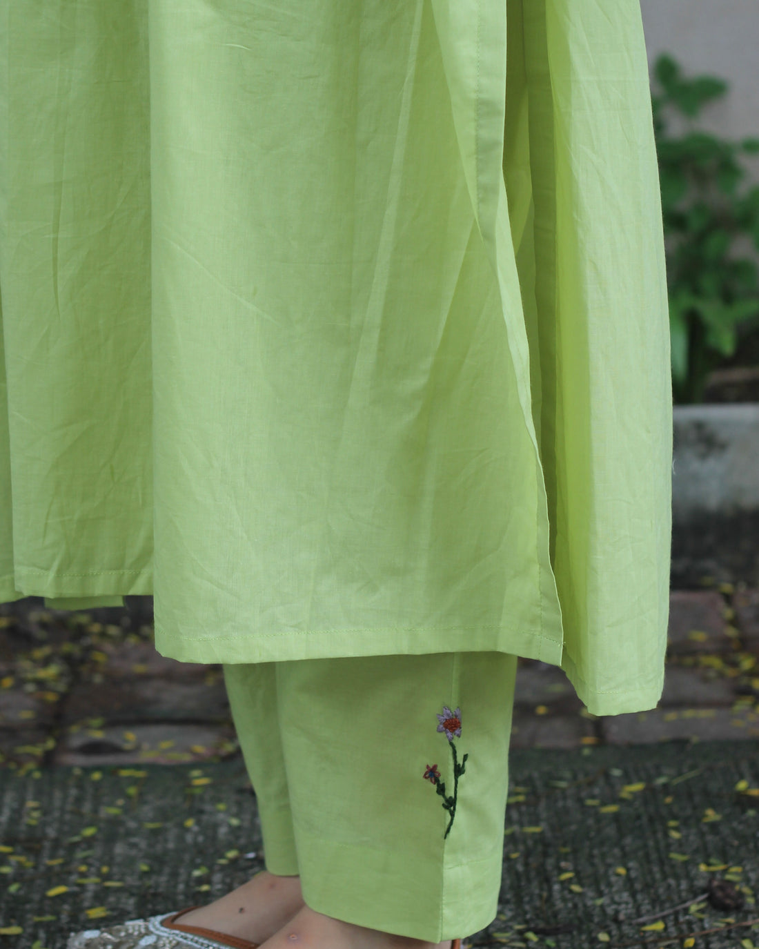 Exclusive Handworked Alia Cut Kurta Pant Set - Hot Pink and Lime Green, Pure Cambric Cotton, V-Neck Kurta with 3/4 Sleeves, Handwork Details, and Comfortable Pants with Pockets