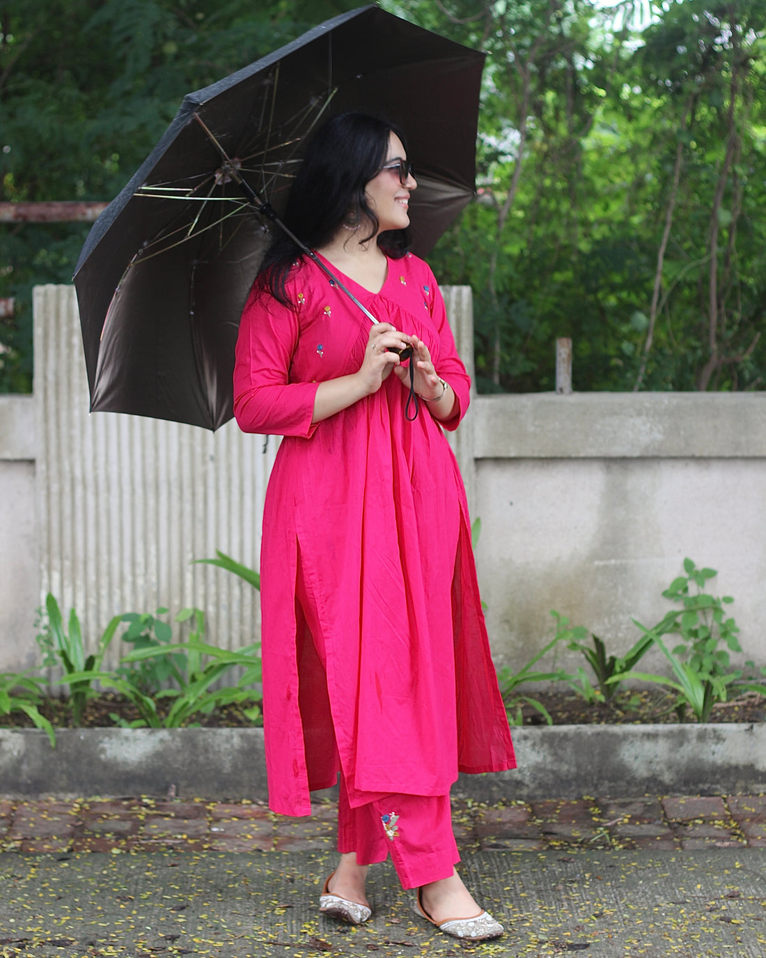 Exclusive Handworked Alia Cut Kurta Pant Set - Hot Pink and Lime Green, Pure Cambric Cotton, V-Neck Kurta with 3/4 Sleeves, Handwork Details, and Comfortable Pants with Pockets