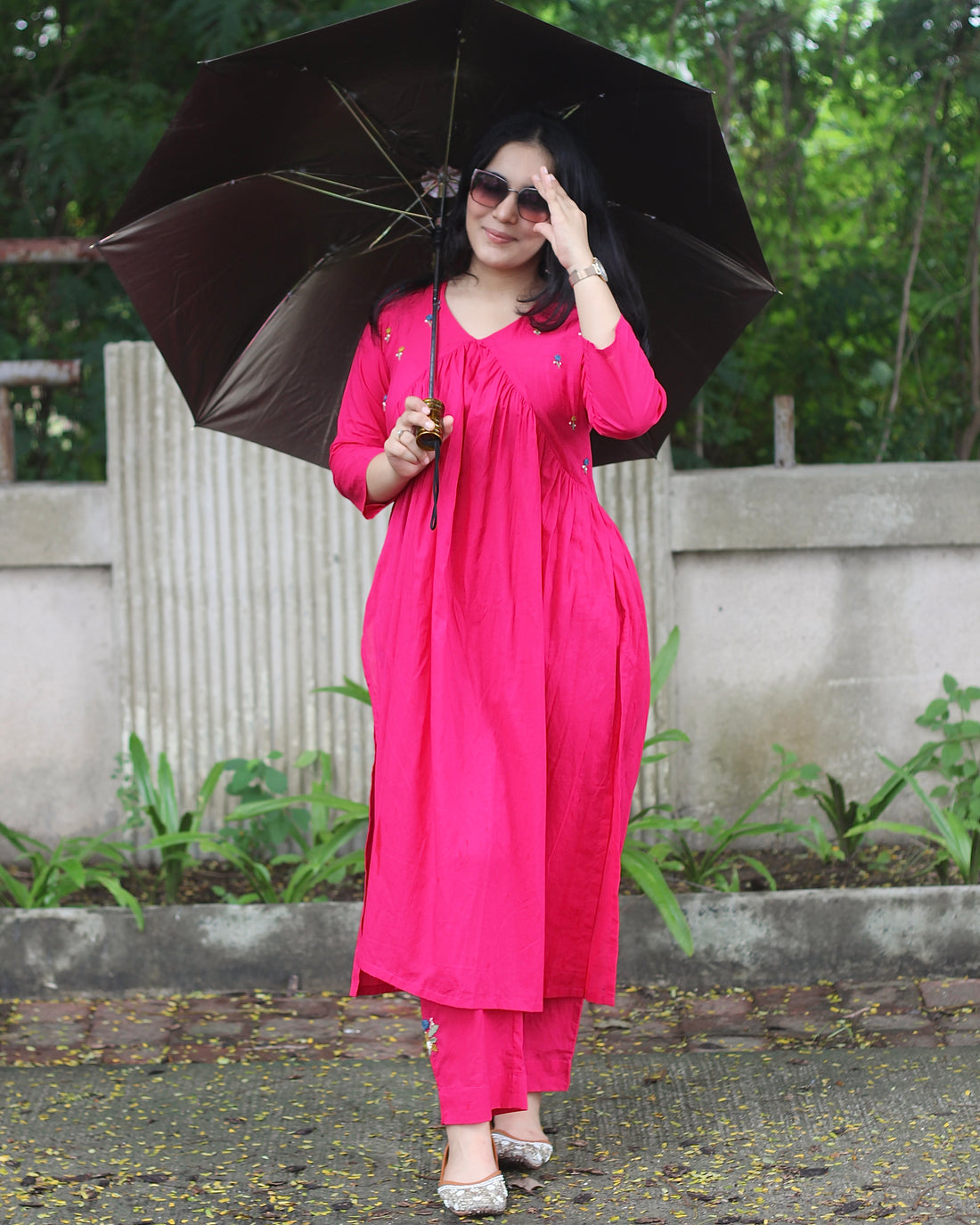 Exclusive Handworked Alia Cut Kurta Pant Set - Hot Pink and Lime Green, Pure Cambric Cotton, V-Neck Kurta with 3/4 Sleeves, Handwork Details, and Comfortable Pants with Pockets