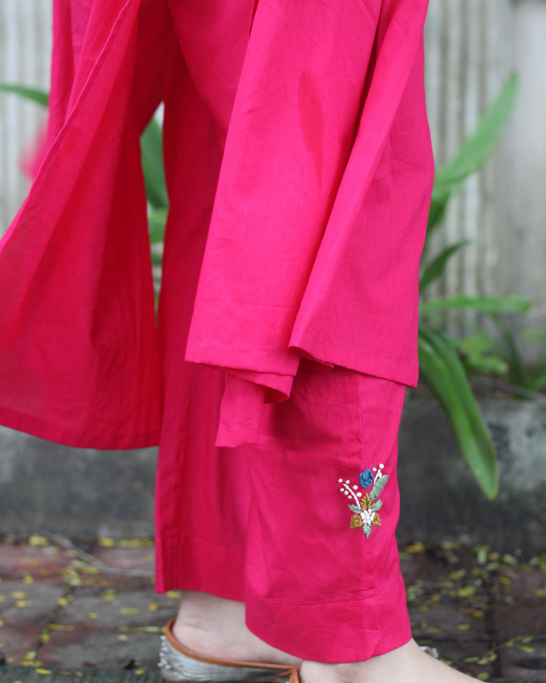 Exclusive Handworked Alia Cut Kurta Pant Set - Hot Pink and Lime Green, Pure Cambric Cotton, V-Neck Kurta with 3/4 Sleeves, Handwork Details, and Comfortable Pants with Pockets