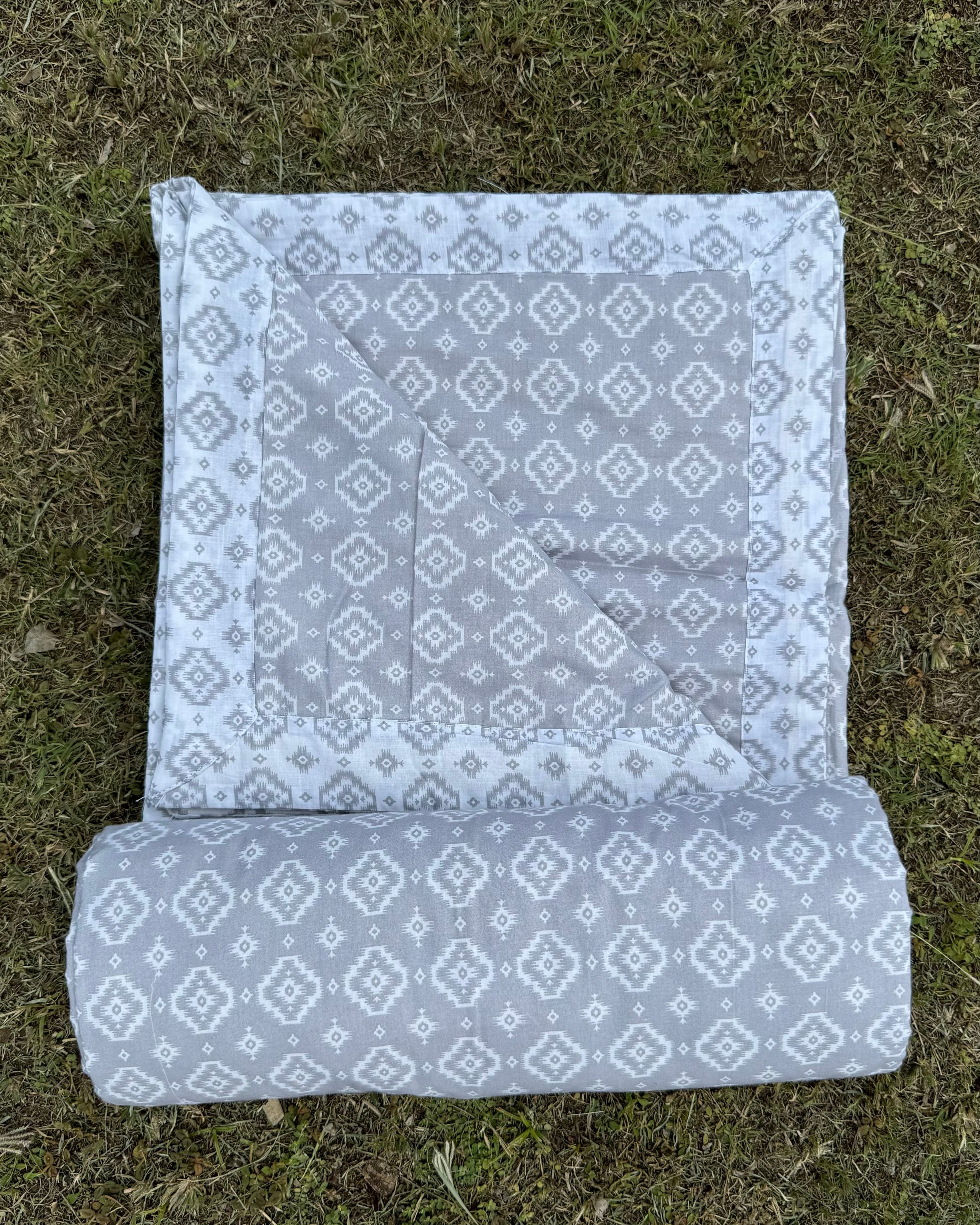 Set of 2 Reversible Dohars - Grey Ikkat Print on Grey Base and White Base with Royal Intricate Grey Print, each measuring 1.5 x 2.3 meters