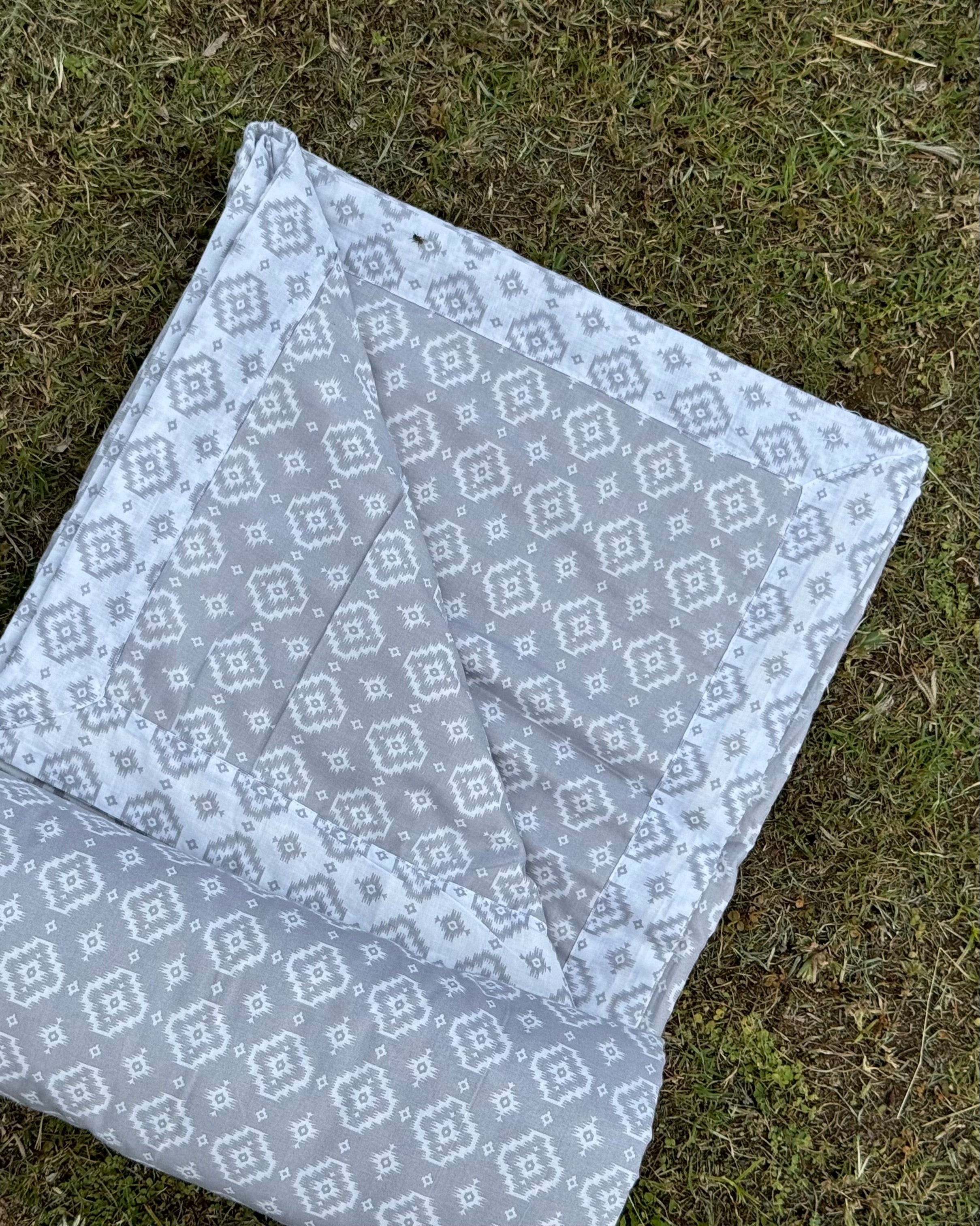 Set of 2 Reversible Dohars - Grey Ikkat Print on Grey Base and White Base with Royal Intricate Grey Print, each measuring 1.5 x 2.3 meters