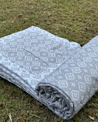 Set of 2 Reversible Dohars - Grey Ikkat Print on Grey Base and White Base with Royal Intricate Grey Print, each measuring 1.5 x 2.3 meters