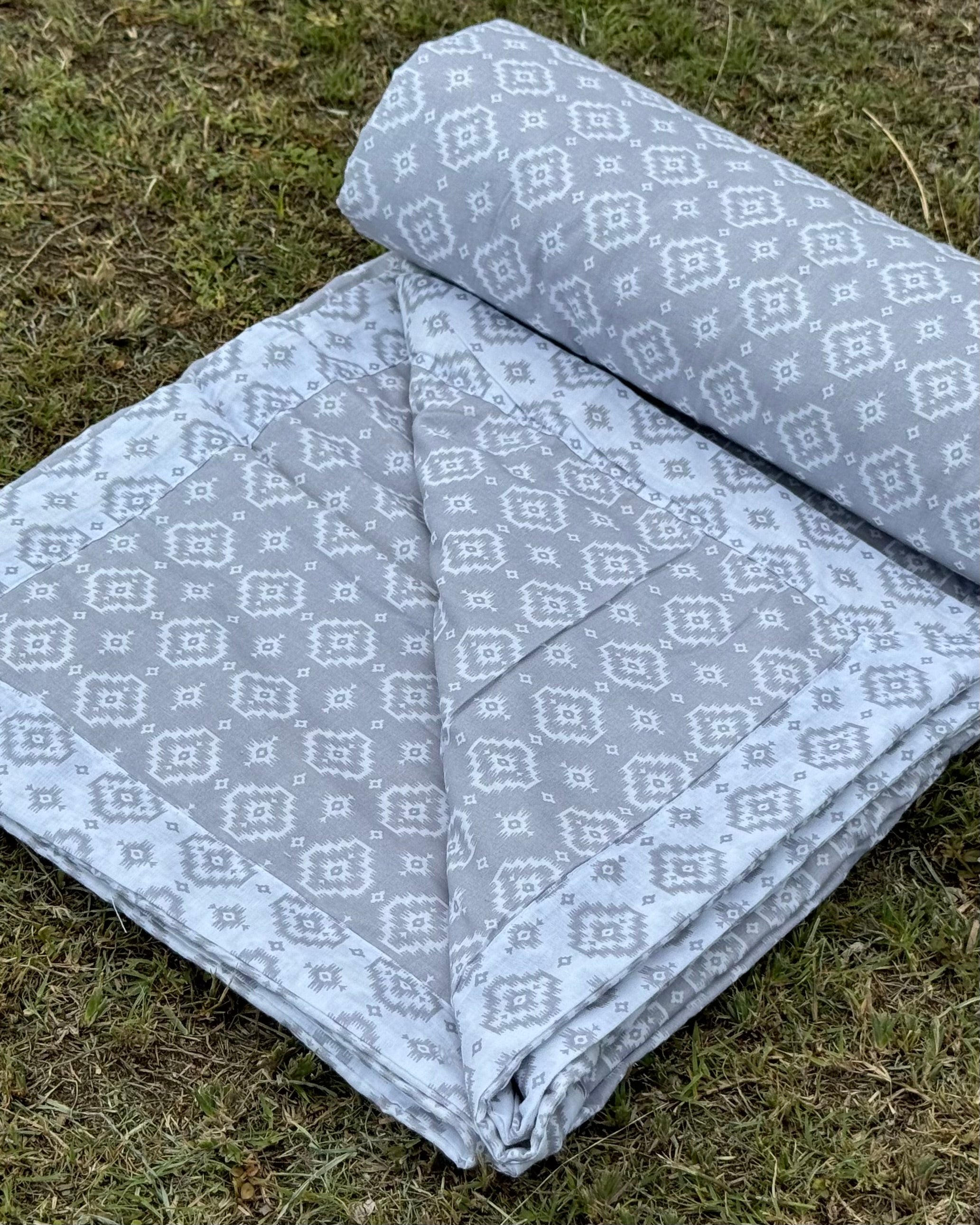 Set of 2 Reversible Dohars - Grey Ikkat Print on Grey Base and White Base with Royal Intricate Grey Print, each measuring 1.5 x 2.3 meters