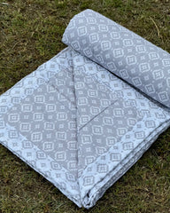 Set of 2 Reversible Dohars - Grey Ikkat Print on Grey Base and White Base with Royal Intricate Grey Print, each measuring 1.5 x 2.3 meters