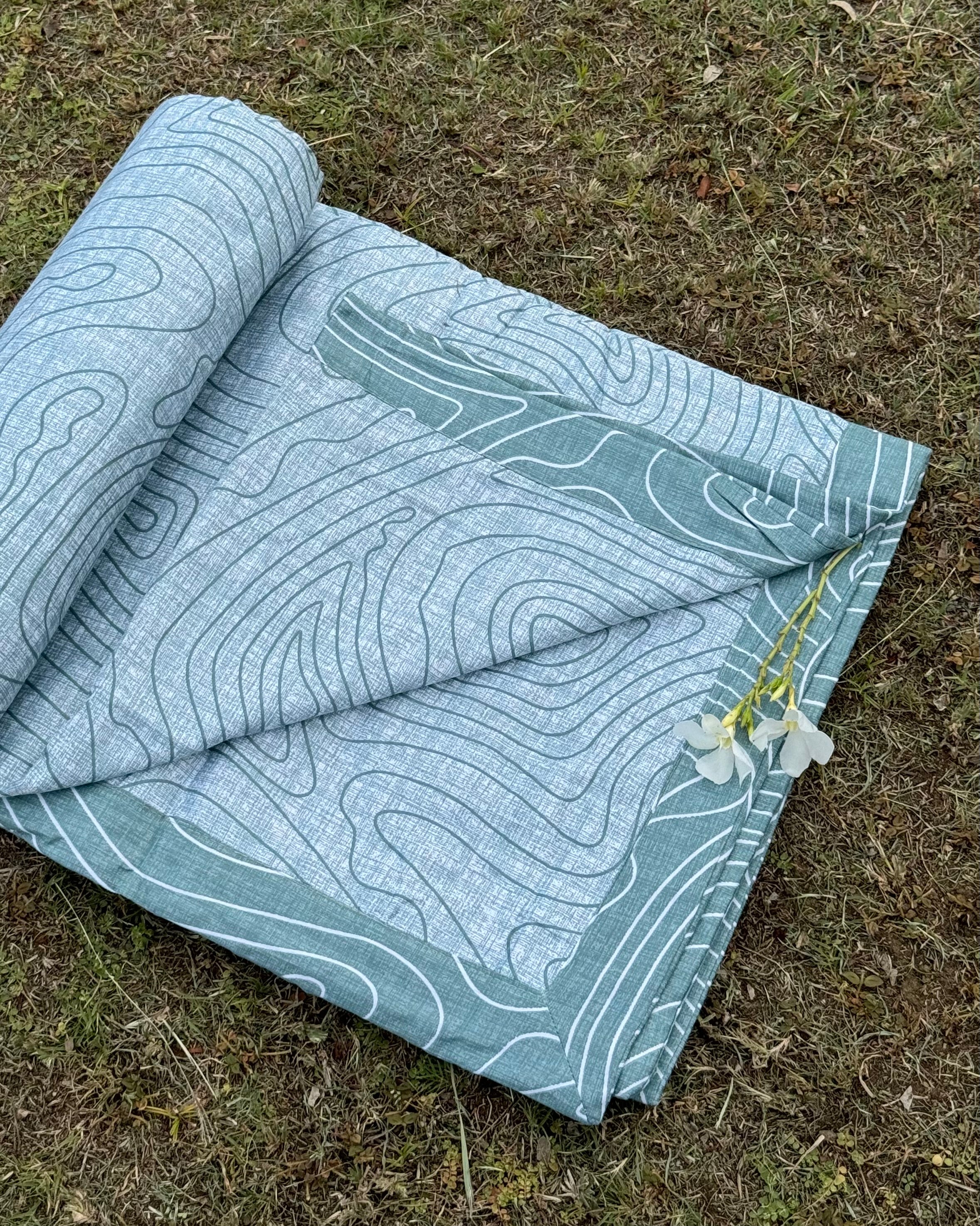 Sea Green Abstract Reversible Dohar with White Print and White Base with Sea Green Print