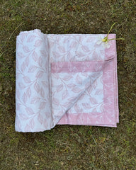 White & Pink Leaf Reversible Dohar with Subtle Pink Leaf Print and White Leaves on Pink Border