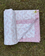 White & Pink Leaf Reversible Dohar with Subtle Pink Leaf Print and White Leaves on Pink Border