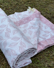 White & Pink Leaf Reversible Dohar with Subtle Pink Leaf Print and White Leaves on Pink Border