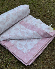 White & Pink Leaf Reversible Dohar with Subtle Pink Leaf Print and White Leaves on Pink Border