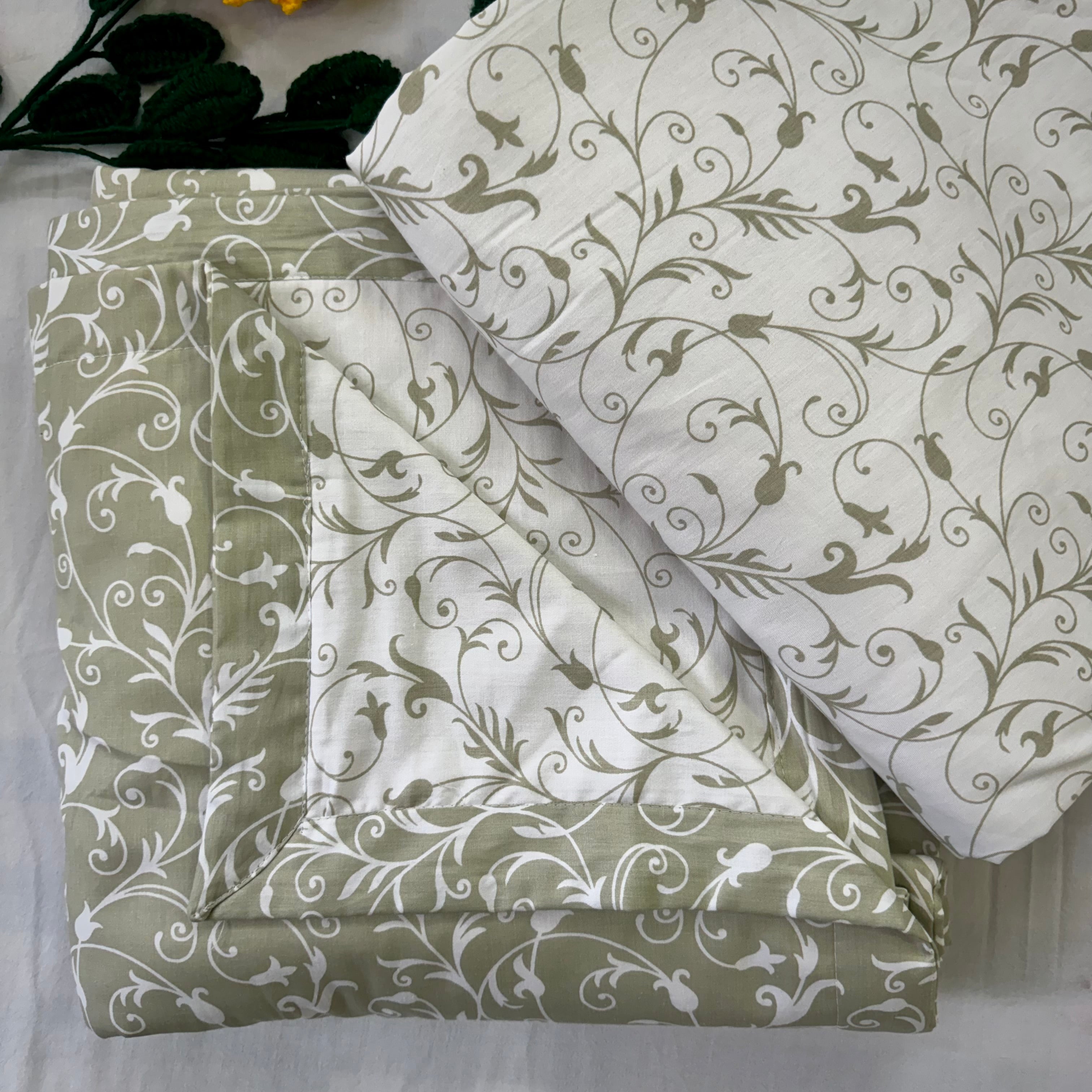 Set of 2 Reversible Dohars - Light Green and White with Branch Print (100% Cotton)Set of 2 Reversible Dohars - Light Green and White with Branch Print (100% Cotton)