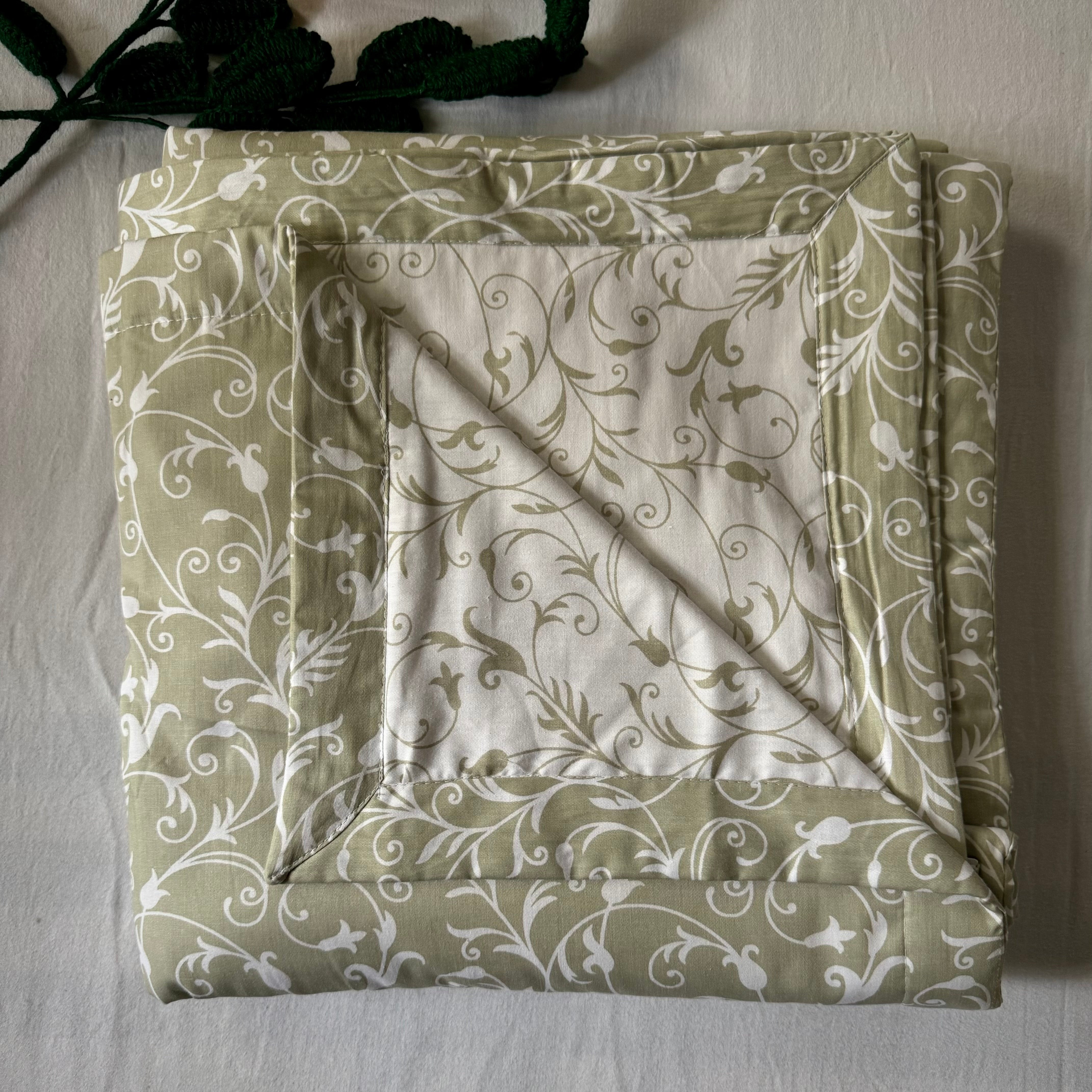 Set of 2 Reversible Dohars - Light Green and White with Branch Print (100% Cotton)