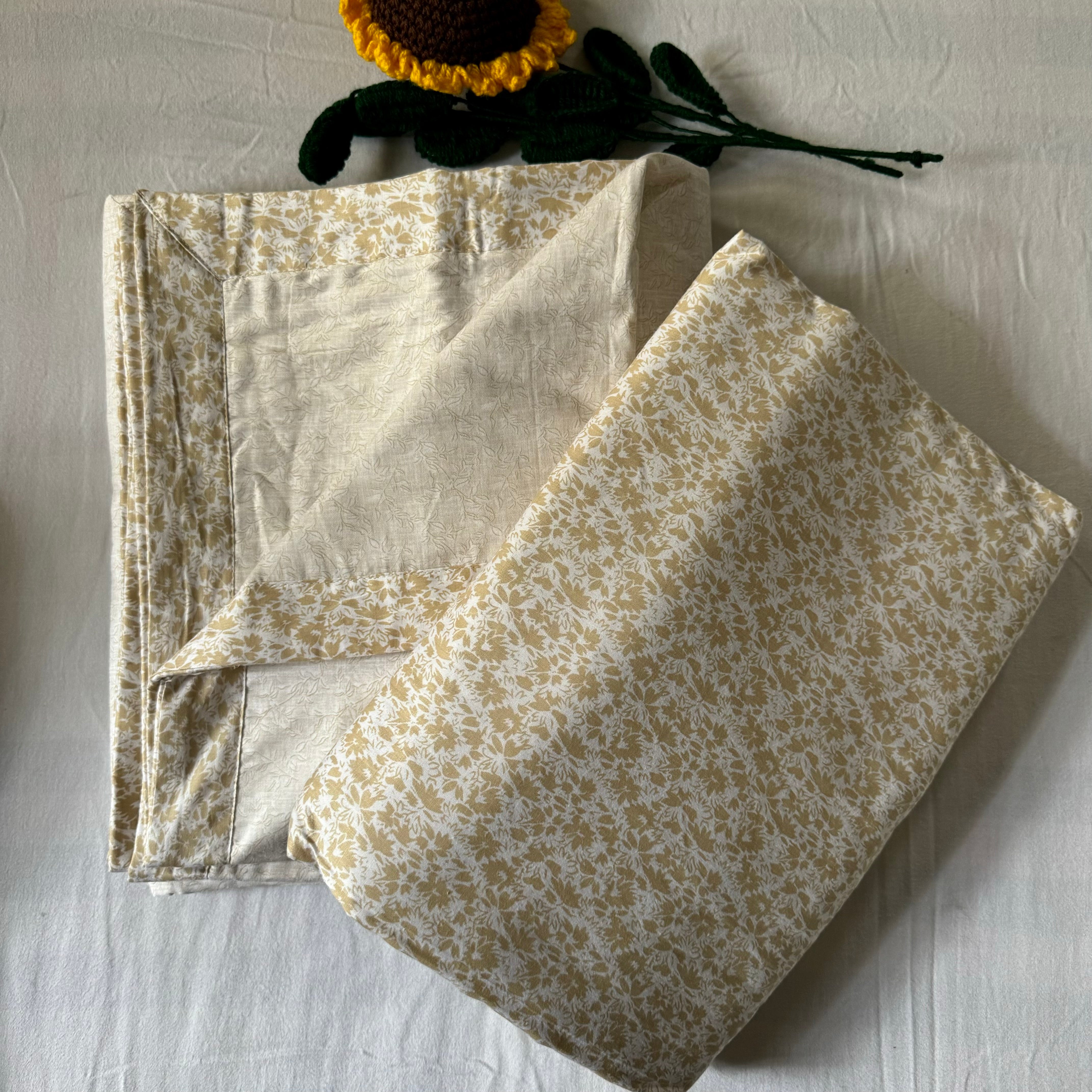 Set of 2 Reversible Dohars - Floral Ochre Yellow Print on White Base (100% Cotton)